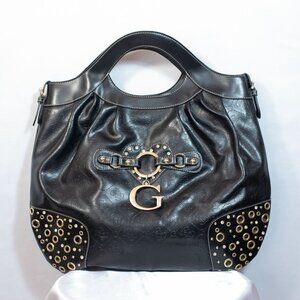 Guess Debossed G-Logo Rhinestone Handbag Faux Leather Satchel Vintage Black